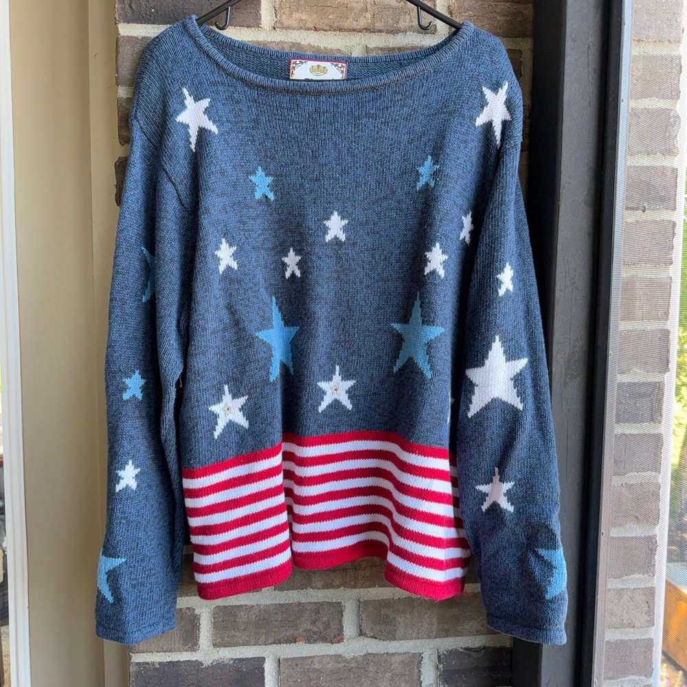 Tiara Vintage Patriotic Stars Stripes Americana July 4th Sweater Womens XL Blue